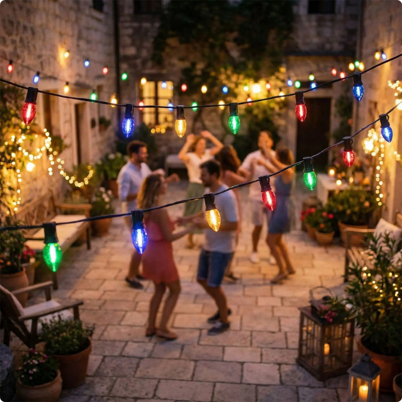 guirlande lumineuse extérieur Fiesta décorant une cour