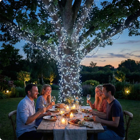 guirlande lumineuse extérieur voie lactée décorant un arbre