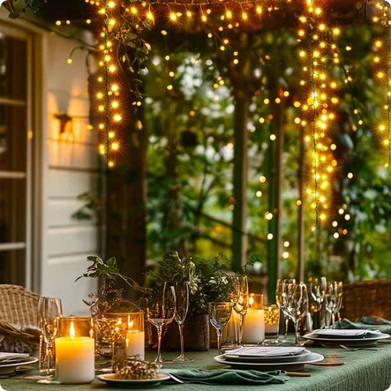 guirlande lumineuse extérieur voie lactée décorant une terrasse couverte