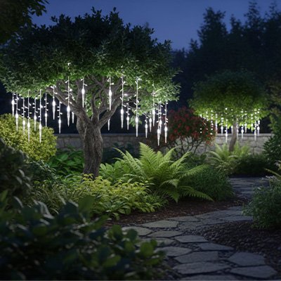 Guirlande lumineuse glaçon blanc froid décorant un jardin 