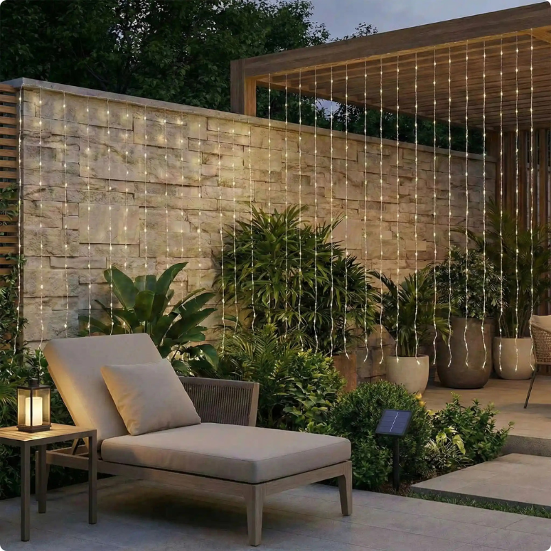 Guirlande lumineuse rideau Pluie étoilée blanc froid décorant une terrrasse