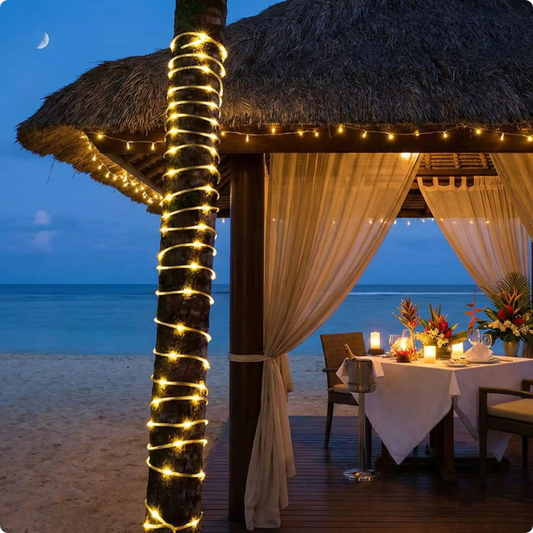 Guirlande lumineuse solaire Tube blanc chaud enroulée autour d'un arbre