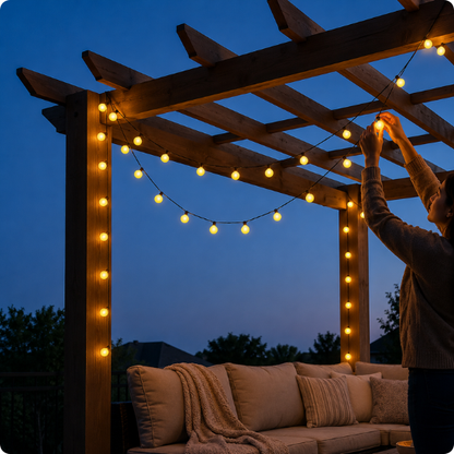 Guirlande pergola solaire Pégase blanc chaud installée sur une pergola