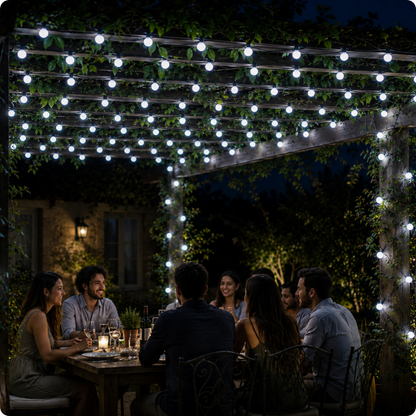 Guirlande pergola solaire Pégase Blanc froid installée sur une pergola