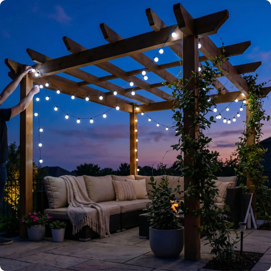 Guirlande pergola solaire Pégase blanc froid en cours d'installation