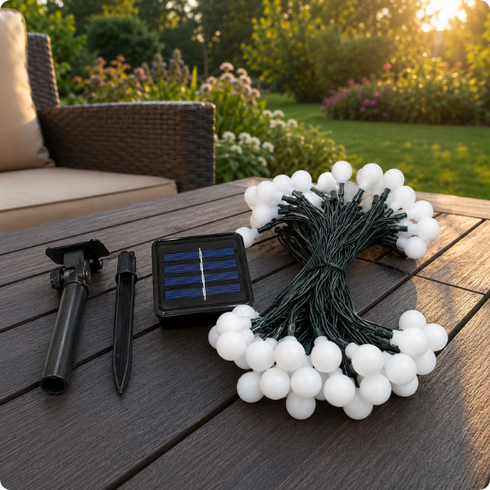 Guirlande pergola solaire Pégase éteint posé sur une table