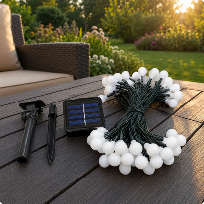 Guirlande pergola solaire Pégase éteint posé sur une table