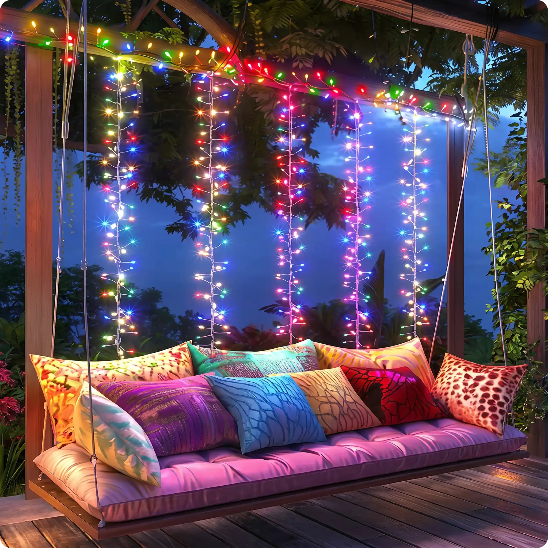 guirlande solaire de Noel magiclight multicolore décorant une balancelle