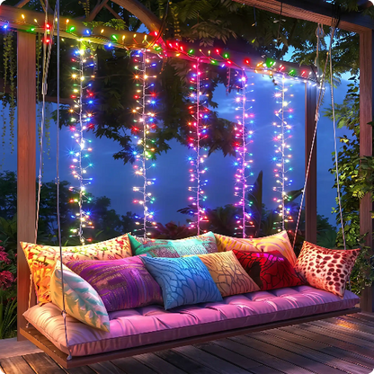 guirlande solaire de Noel magiclight multicolore décorant une balancelle