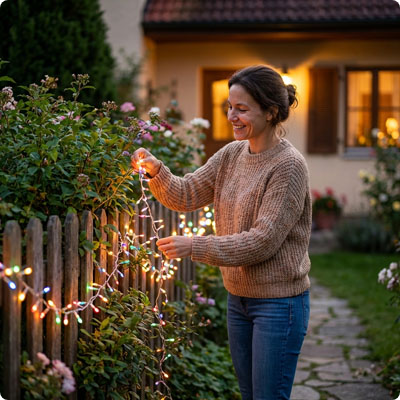 guirlande solaire de Noel magiclight multicolore installee sur une palissade