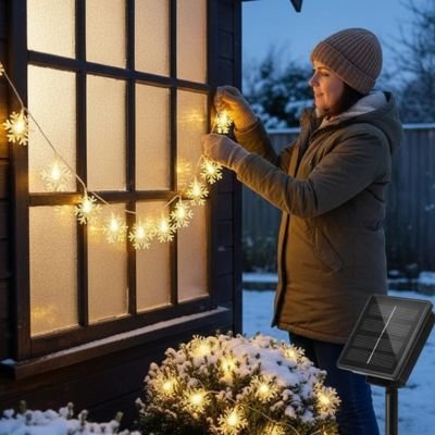 Guirlande Solaire de Noel Neige blanc chaud décorant une fenêtre