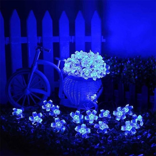 Guirlande solaire extérieur Florale bleue dans un panier