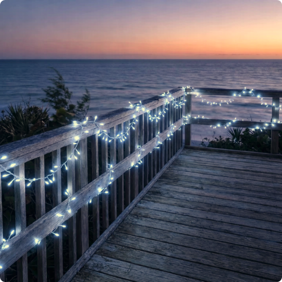 Guirlande solaire Magiclight blanc froid décorant une terrasse