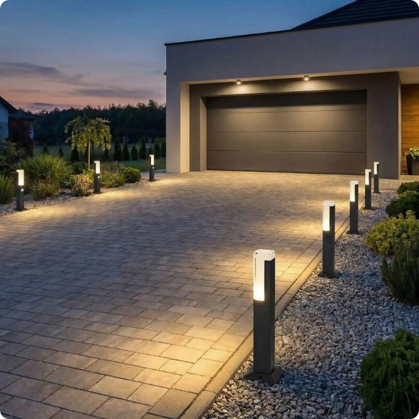 lampadaire exterieur detecteur de mouvement Lampaled detect éclairant une entrée de garage