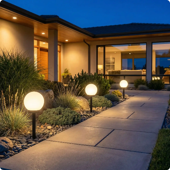 Lampadaire extérieur Led Solarball balisant l'accès à une maison