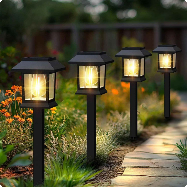 lampadaire exterieur solaire rétro Led éclairant une allée