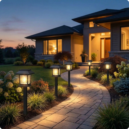 lampadaire exterieur solaire rétro Led balisant une entrée de maison