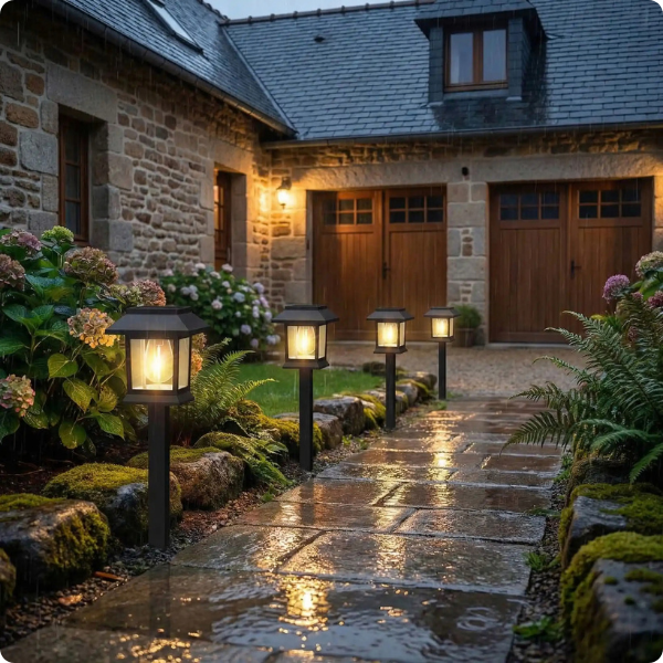 lampadaire exterieur solaire rétro Led balisant une entrée de garage sous la pluie