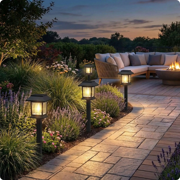 lampadaire exterieur solaire rétro Led éclairant une terrasse