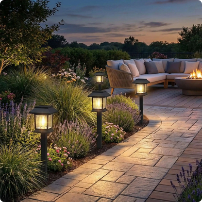 lampadaire exterieur solaire rétro Led éclairant une terrasse