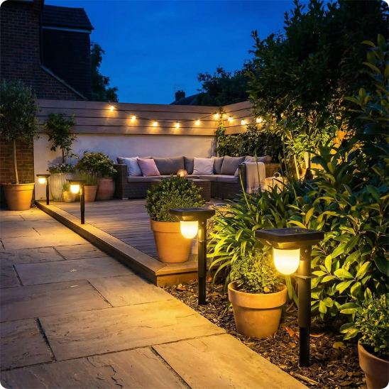 Lampadaire pour jardin Solar 2en1 éclairant une terrasse