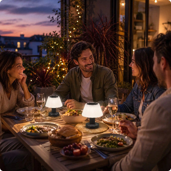 Lampe de table exterieur Solys éclairant un dîner