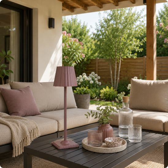 Lampe de table Luma Touch brun rosé posée sur une table basse