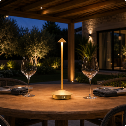 Lampe de table Lysia Touch dorée éclairant une table sur une terrasse