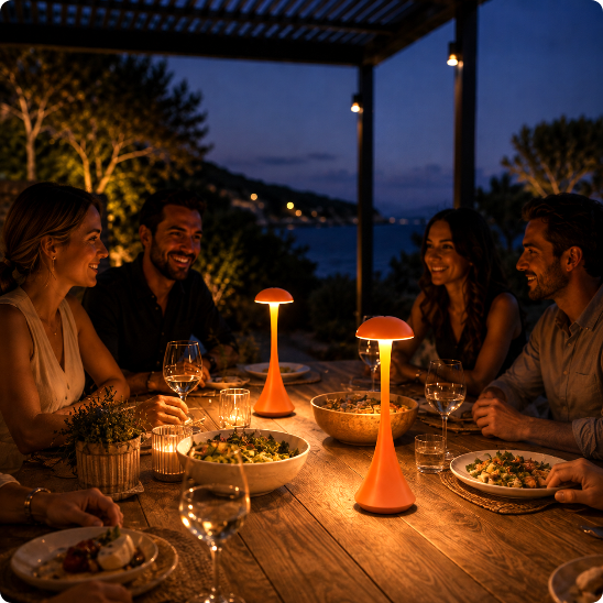 Lampe de table Orba Touch orange éclairant un diner sous une pergola