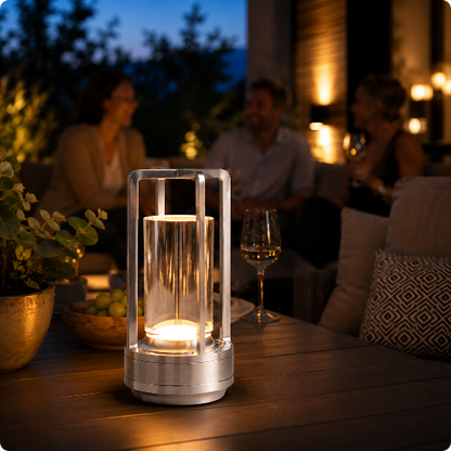 Lampe de table sans fil Luméra argenté éclairant une table