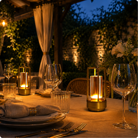 Lampe de table sans fil Luméra dorée éclairant une table sous une pergola