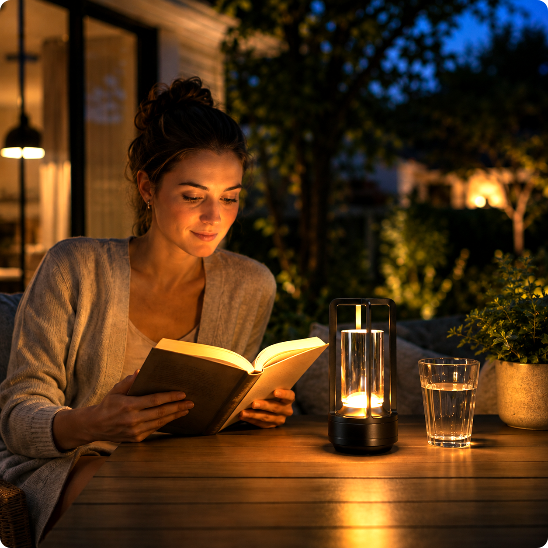 Lampe de table sans fil Luméra noire éclairant une personne qui lit