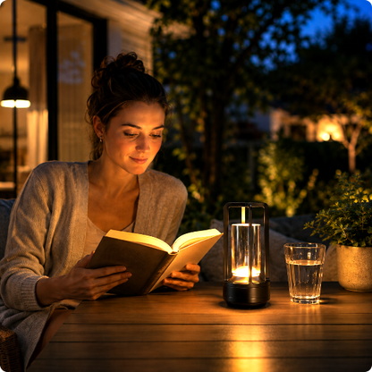 Lampe de table sans fil Luméra noire éclairant une personne qui lit