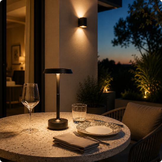 Lampe de table sans fil Luminia noire sur une terrasse