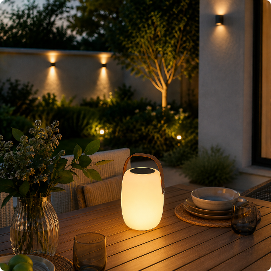 lampe de table solaire extérieur Galéo éclairant une table sur une terrasse