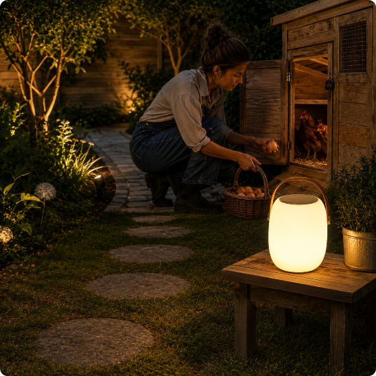 lampe de table solaire extérieur Galéo éclairant une femme récoltant des oeufs