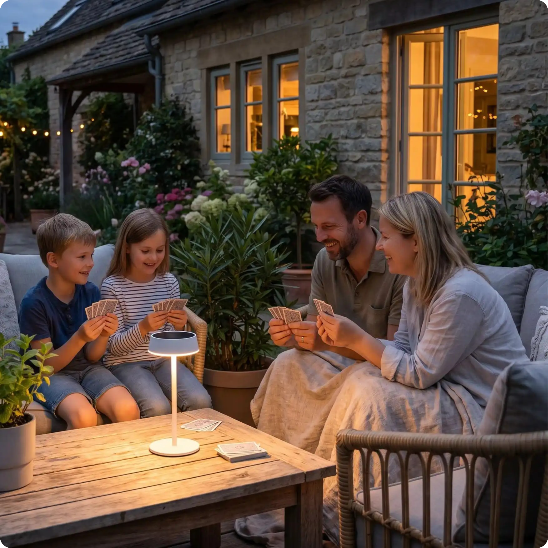 Lampe de table solaire Soléa éclairant une famille jouant aux cartes