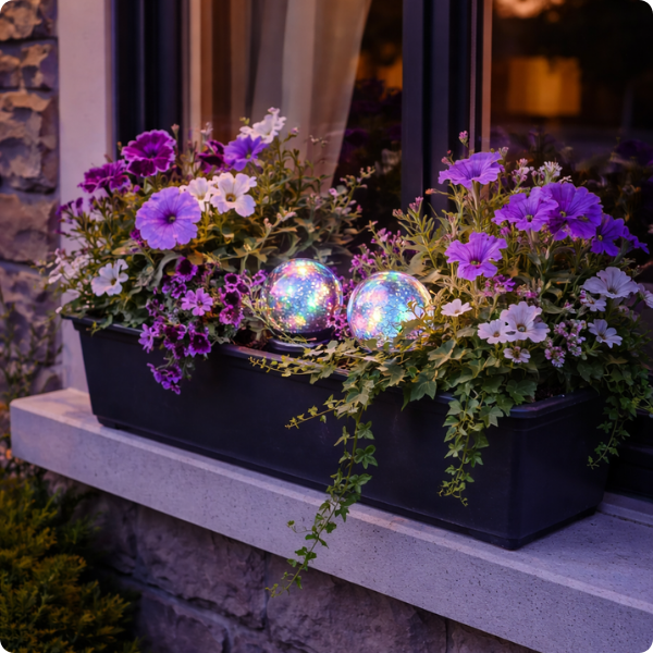 Lampe exterieur solaire Craquelée multicolore dans une jardinière