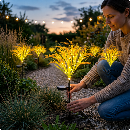 Lampe pour jardin solaire Epi de blé installée par une femme