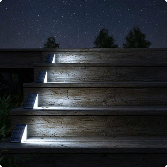lampe solaire exterieur Lightstep blanc froid éclairant un escalier