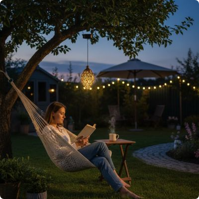 Lanterne extérieur Marrakech éclairant une femme qui lit