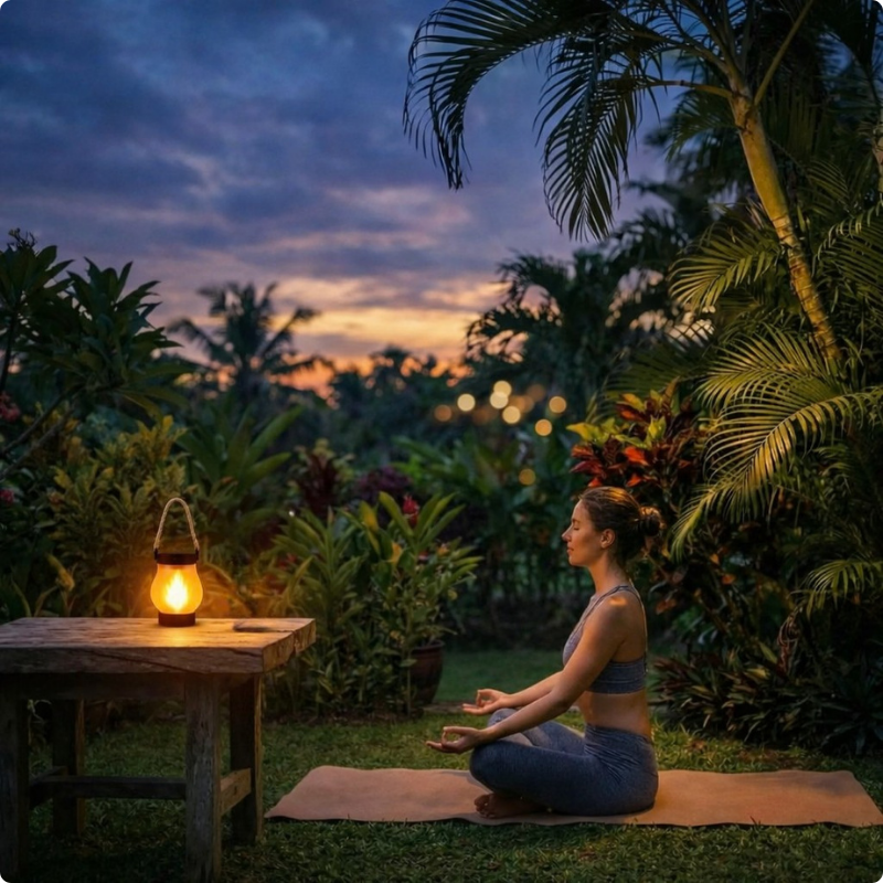 Lanterne exterieur solaire Ecogarden éclairant une femme faisant du yoga