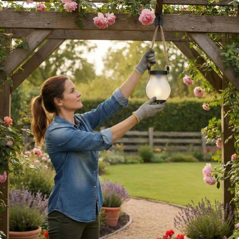 Lanterne exterieur solaire Ecogarden suspendue par une femme à une poutre