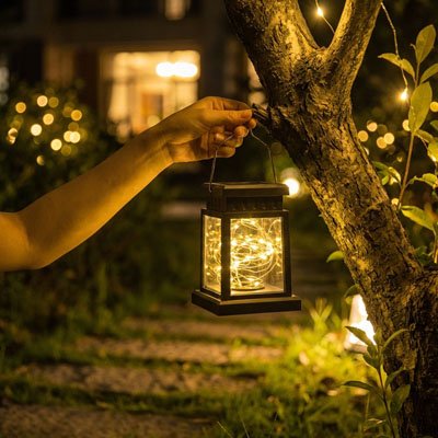 Lanterne exterieure Etincelle Nocturne blanc chaud tenue par une femme