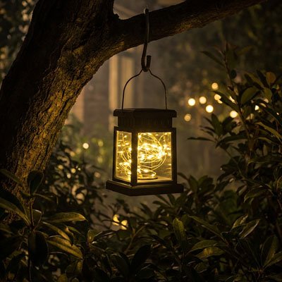 Lanterne exterieure Etincelle Nocturne blanc chaud suspendue à un arbre