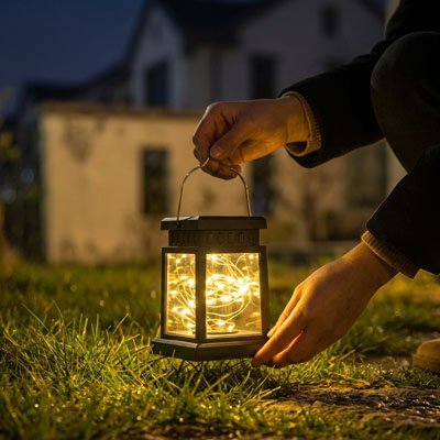 Lanterne exterieure Etincelle Nocturne blanc chaud présentée par un homme