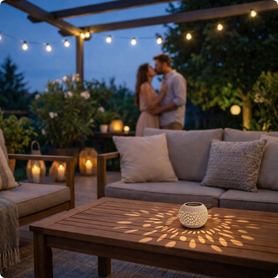 Lanterne extérieure Luminova blanche illuminant une table
