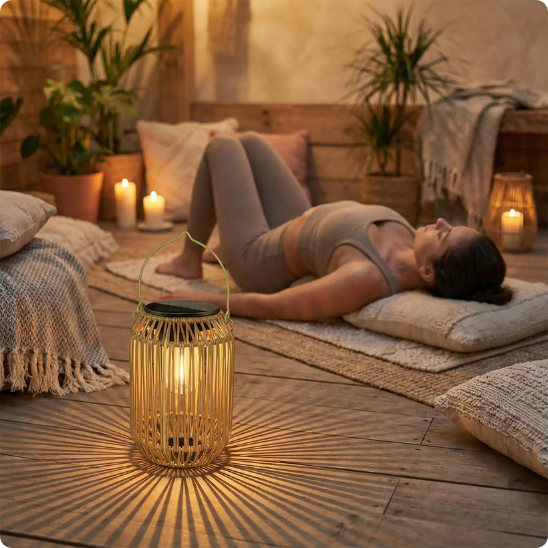 lanterne Gamma éclairant une personne faisant du yoga