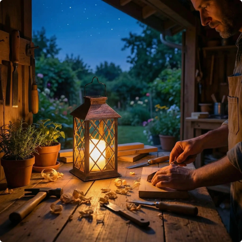lanterne LumiFlair éclairant un homme qui bricole