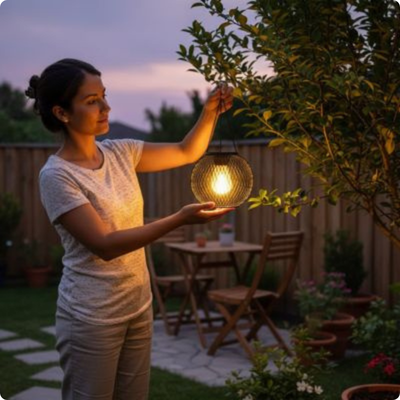 lanterne solaire Adara suspendue par une femme à une branche
